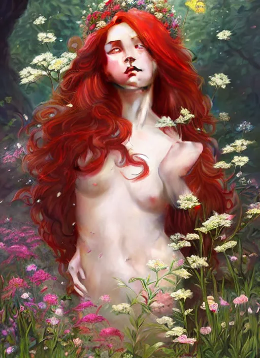 Prompt: a beautiful red haired woman as a fairy princess in a garden holding a bunch of wild flowers, deep focus, d & d, fantasy, intricate, elegant, highly detailed, digital painting, artstation, concept art, matte, sharp focus, illustration, hearthstone, art by artgerm and greg rutkowski and alphonse mucha