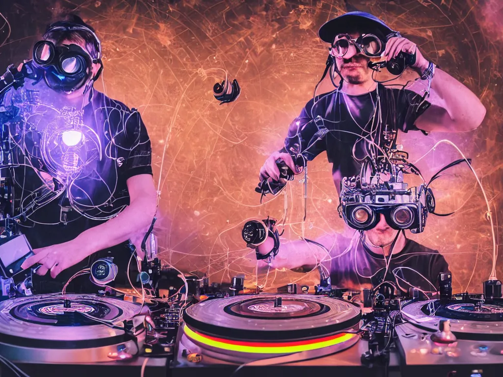 Image similar to a person wearing goggles and visor and headphones using a steampunk record player contraption, wires and tubes, turntablism dj scratching, intricate planetary gears, cinematic, imax, sharp focus, leds, bokeh, iridescent, black light, fog machine, hazy, lasers, hyper color digital art, cyberpunk