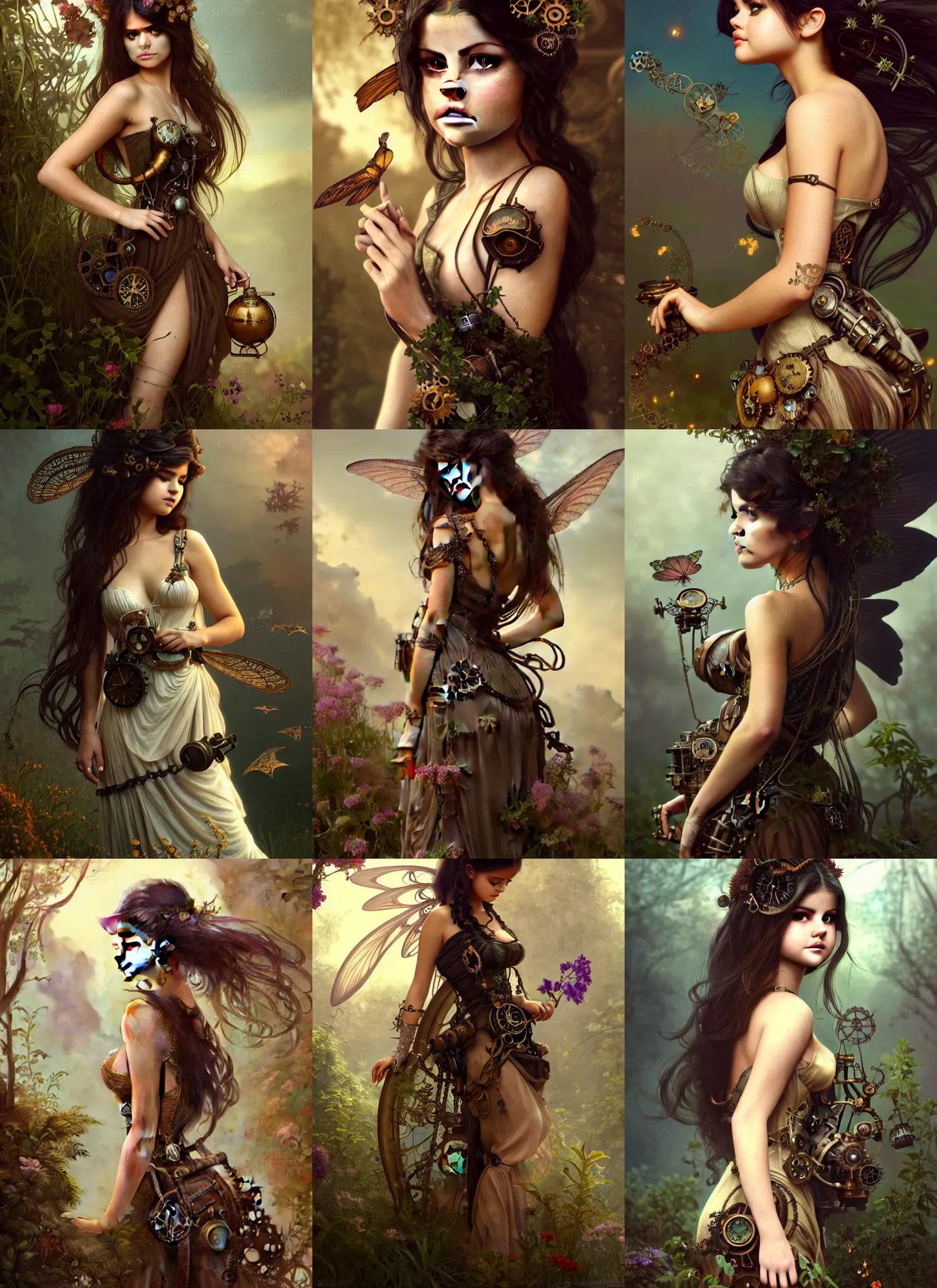 Prompt: beautiful steampunk nature nymph selena gomez in a simple dress, herbacious and steampunk decoration, flowy hair, intricate details, portrait full body, fashion shoot, cinematic lighting, photorealistic, octane render, 8 k, art by greg rutkowski and artgerm and alphonse mucha and huang guangjian and taras susak, artstation