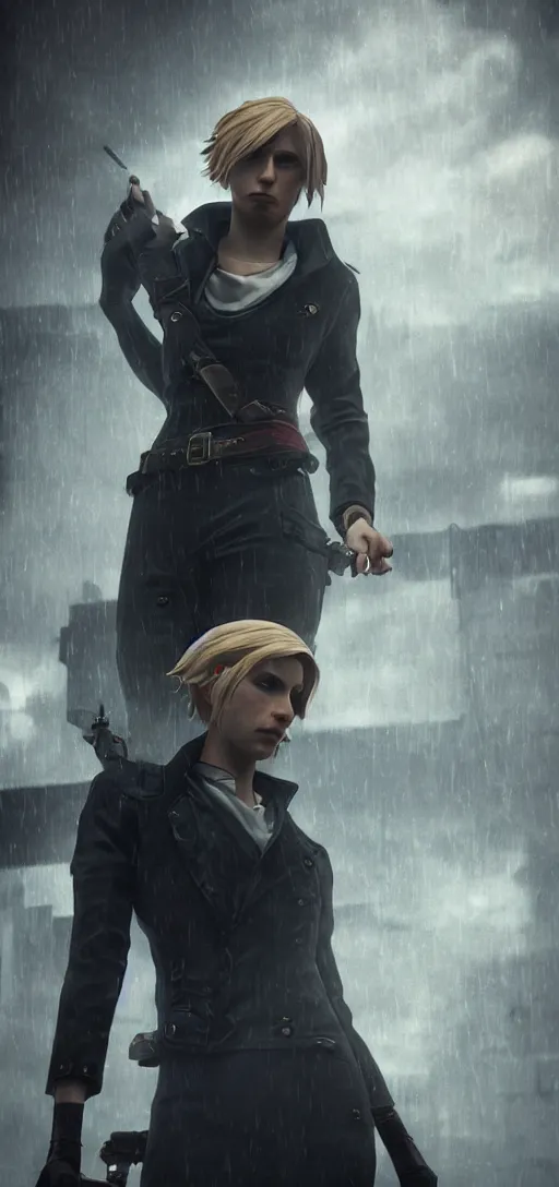 Prompt: distant shot of annie leonhart in dunwall city, mid air shot, redshift render, beautiful face, detailed face, cinematic lighting, rainy weather, melancholy atmosphere, volumetric light, octane render, dishonored 1, gothic architecture, realistic reflections, octane render 8 k, action shot