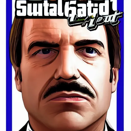 Image similar to Saul Goodman from Better Call Saul as a GTA character portrait, Grand Theft Auto, GTA cover art