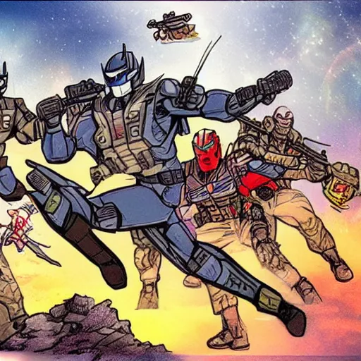 Prompt: GI Joe and Transformers mixed into a dream storybook illustration