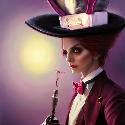 Prompt: oil painting of a rabbit dressed like a female magician with a top hat and a magic wand, urban fantasy art by seb mckinnon, artstation npc character design, top - rated