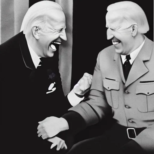 Image similar to “Very photorealistic photo of Hitler and Joe Biden laughing together, award-winning details”