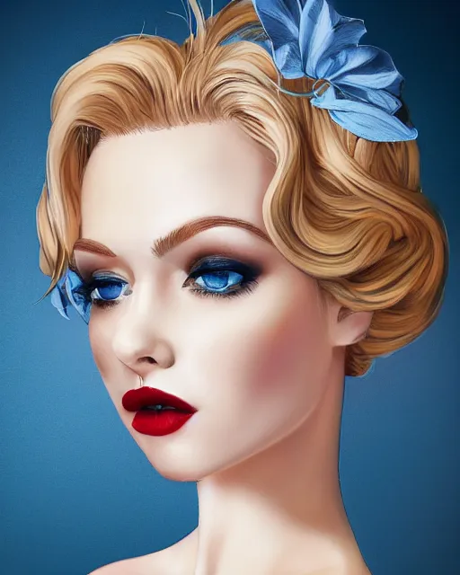 Image similar to side closeup of beautiful cute blonde - haired blue - eyed female wearing elegant silk dress and high - heels, lipstick, award winning full - length photography, extremely detailed, artstation, 8 k, sensual lighting, incredible art, wlop, pixar, disney, artgerm, backlit, rim lighting, hi - fructose