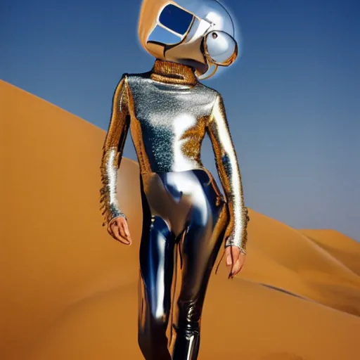 Prompt: A detailed close up portrait of an editorial model wearing a reflective chrome wormhole space helmet mask and black turtleneck and gold color blocks standing in Sand Dunes, 4K editorial award winning photograph by David Lachapelle