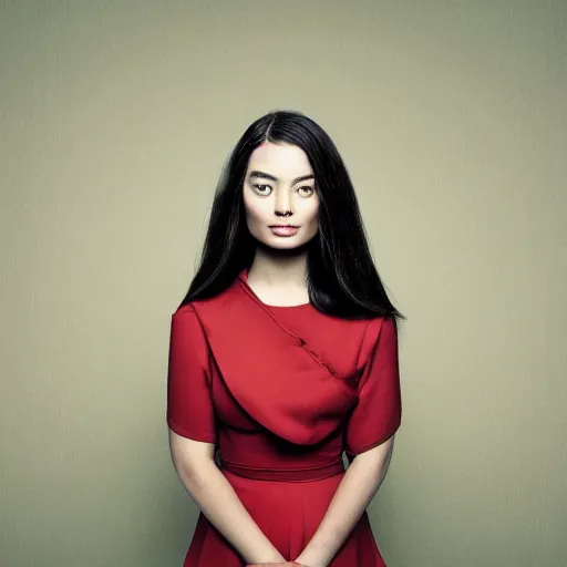 Image similar to a masterpiece portrait photo of a beautiful young woman who looks like an asian margot robbie, symmetrical face