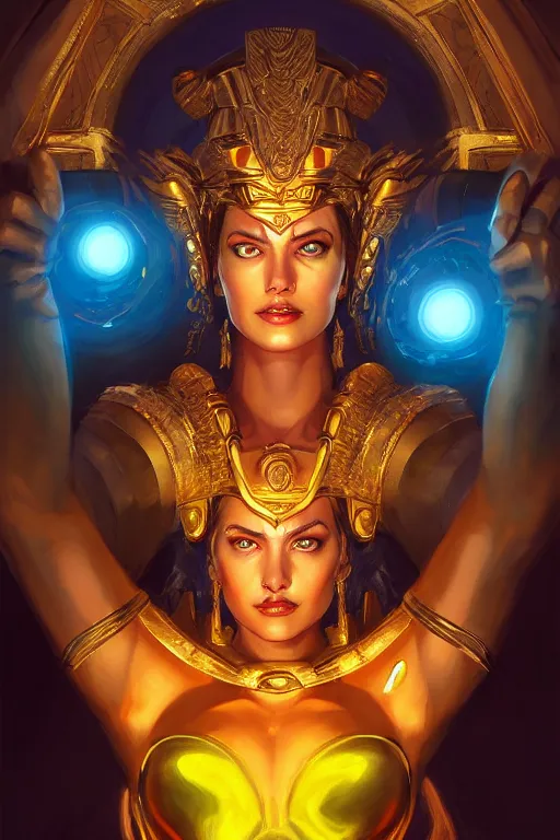 Prompt: The Godess Hera looking angry, radiating a glowing aura, detailed armor, portrait, highly detailed, digital painting, artstation, concept art, smooth, sharp focus, beautiful face, symmetric face, enchanted, official fanart, behance, HD, blue and yellow theme, by Jesper Ejsing