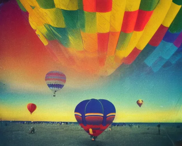 Image similar to multicolored hot air balloons floats over a beach at violet and yellow sunset, whimsical and psychedelic art style, 1 9 6 0 s, polaroid photo, grainy, expired film