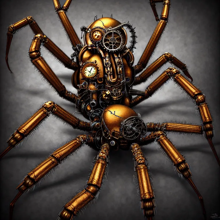 Image similar to steampunk spider, biomechanical, very coherent symmetrical artwork, horror, 3 d model, unreal engine realistic render, 8 k, micro detail, intricate, elegant, highly detailed, centered, digital painting, artstation, smooth, sharp focus, illustration, artgerm, tomasz alen kopera, by wlop