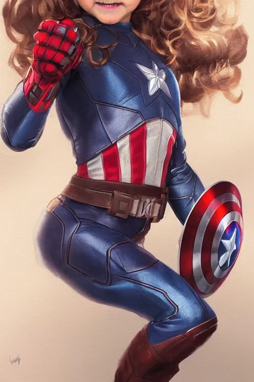 Image similar to a little girl with a michievous face and light brown curly wavy hair. she is dressed as captain america, spider - man, batman, captain marvel, a superhero. clean elegant painting, beautiful detailed face. by artgerm and greg rutkowski