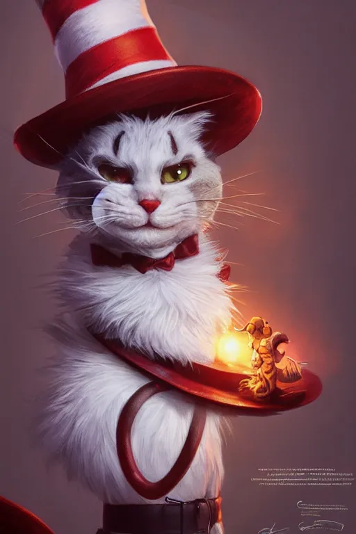 Prompt: complex 3 d render, hyper detailed, ultra sharp, of the cat in the hat, scary, cinematic, natural soft light, rim light, art by greg rutkowski and artgerm and alphone mucha, dr seuss