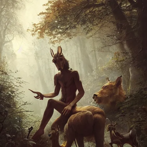 Prompt: 'portrait of a male wood-elf surrounded by animals in the woods, art by Greg Rutkowski, 4k'