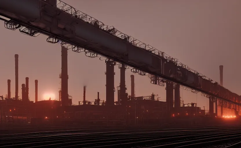 Prompt: photorealistic image of endless industrial factories, conveyor belts, industrial furnaces, cargo trains, heavy machinery. dusk. fog. gritty. 8K. detailed. technical. artstation. 25mm f/1.7 ASPH Lens. ultra realistic