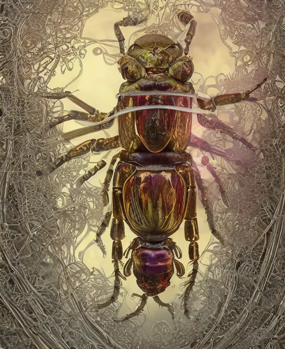 Image similar to intricate ornate opulent transparent clear see - through portrait of a playful beautiful alien beetle, fractal, adorable, childlike, overgrown biopunk jungle environment, ultra realistic, concept art, art nouveau, photorealistic, octane render, 8 k, unreal engine. art by christopher marley and artgerm and greg rutkowski and alphonse mucha