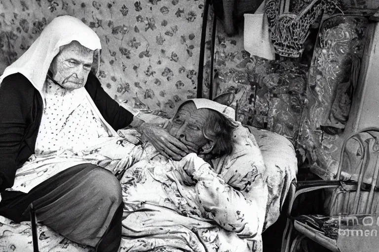 Prompt: death comes for an elderly lady. 1 9 6 9 black and white photo.