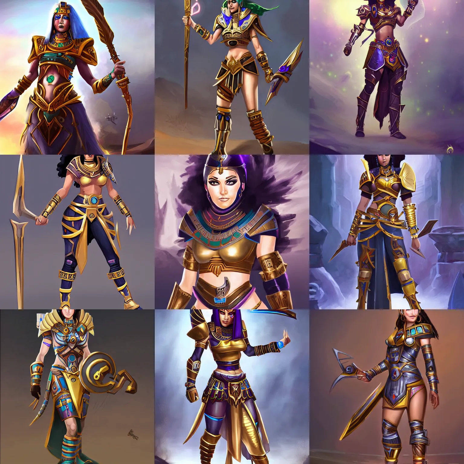 Prompt: a female warrior in futuristic egyptian armor, fantasy, magic the gathering, dota, hearthstone, overwatch, league of legends, world of warcraft, stargate, cleopatra