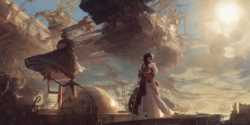 Prompt: character portrait girl of the white herald on an imperial airship, hidari, color page, tankoban, 4 k, tone mapping, sunset, akihiko yoshida & peter mohrbacher & greg rutkowski & artgerm & alphonse mucha