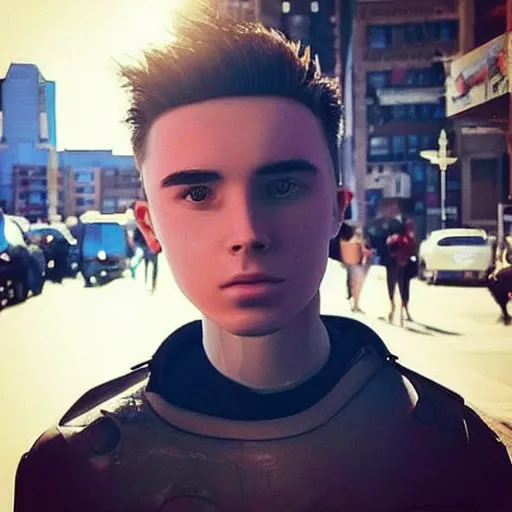 Image similar to “a realistic detailed photo of a guy who is an attractive humanoid who is half robot and half humanoid, who is a male android, Brooklyn Beckham, shiny skin, posing like a statue, blank stare”