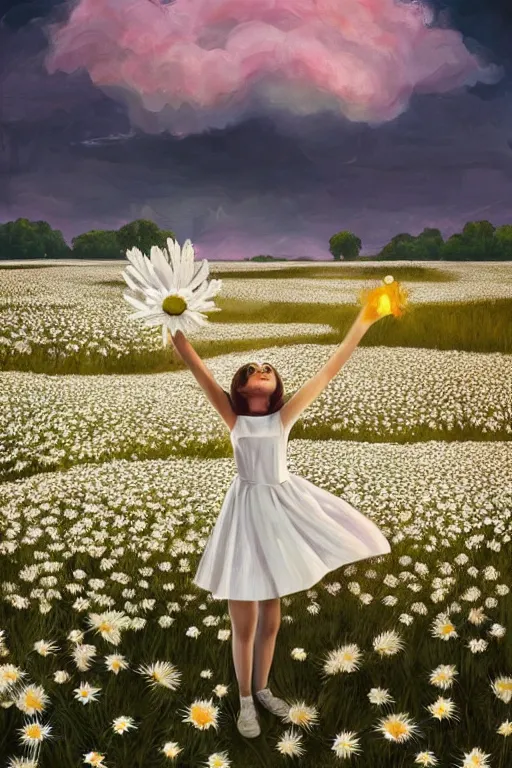 Image similar to giant white daisies flower as head, girl dancing in a flower field, surreal photography, sunrise, dramatic light, impressionist painting, colorful clouds, digital painting, artstation, simon stalenhag