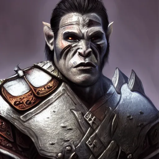 Image similar to realistic full body portrait of half orc cleric, dungeons and dragons, male, wearing eye shadow, ornate armor, shallow depth of field, highly detailed, dslr, volumetric lighting, dynamic pose, hyperrealism, highly textured