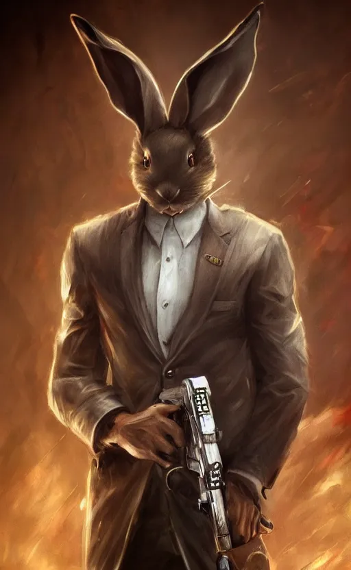 Image similar to dark fantasy photorealistic portrait concept art of a bunny hitman, trending on art station, stunning visuals, creative, cinematic, ultra detailed