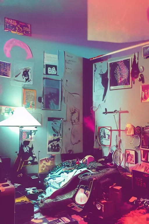 Image similar to agfa vista 4 0 0 photograph of a cluttered 9 0 s teenagers goth punk rock bedroom, synth vibe, vaporwave colors, lens flare, moody lighting, moody vibe, telephoto, 9 0 s vibe, blurry background, grain, tranquil, calm, faded!,