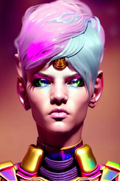 Image similar to hyperdetailed portrait of a stunningly beautiful european girl androgynous guard made of iridescent metals shiny pink gems, bright rainbow gold cyberpunk nimbus, inspired by ross tran and wlop and masamune shirow and kuvshinov, concept art, intricate, photorealistic, octane render, rtx, hdr, unreal engine, dnd digital art by artgerm