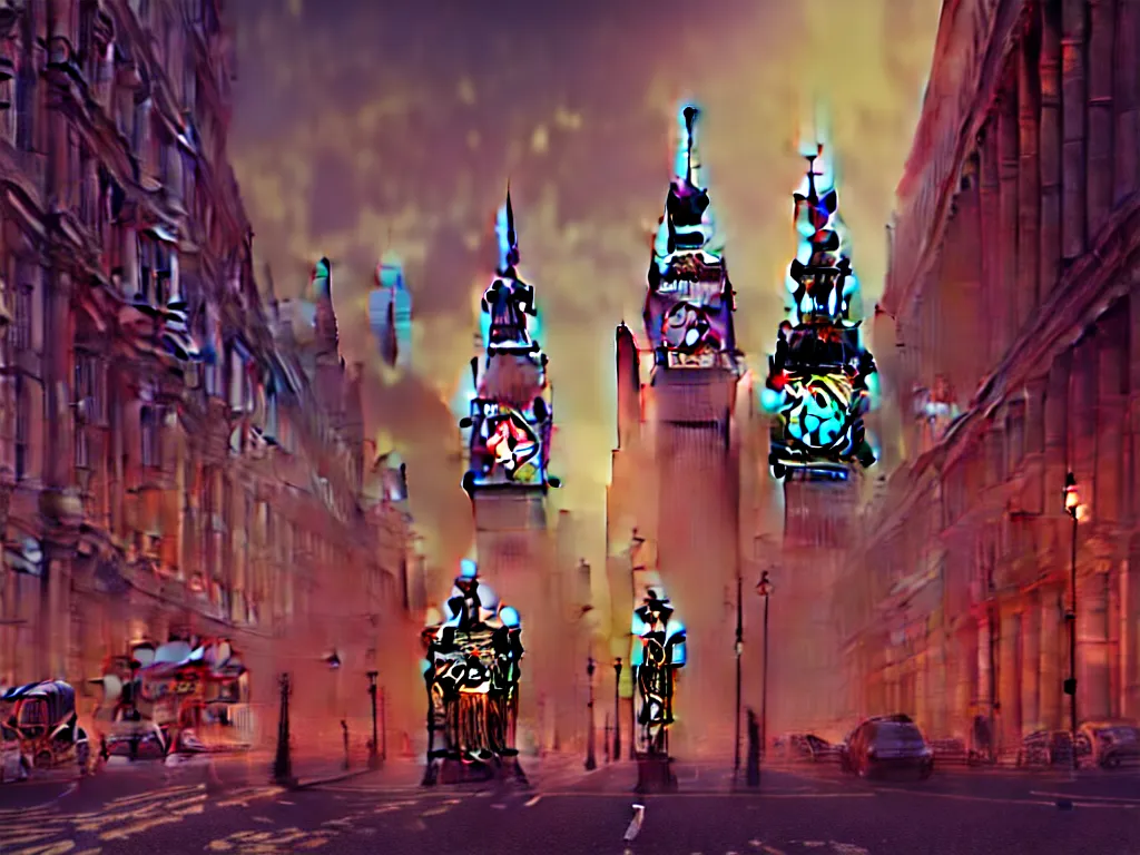 Image similar to a giant ancient beautiful cyborg of the elder gods with pipes and tubes in the city of London, London streets with bigben in the background, colourful, dramatic lighting, golden hour, very detailed octane render very realistic beautiful