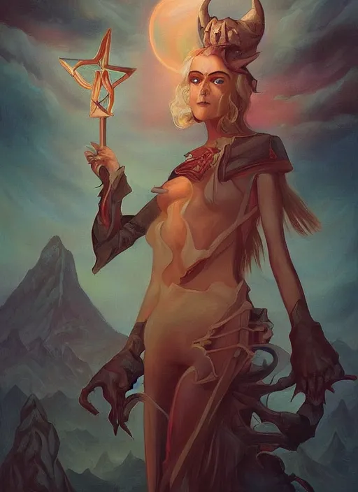 Prompt: Twin Peaks artwork Kiernan Shipka dressed as satanist by Peter Mohrbacher