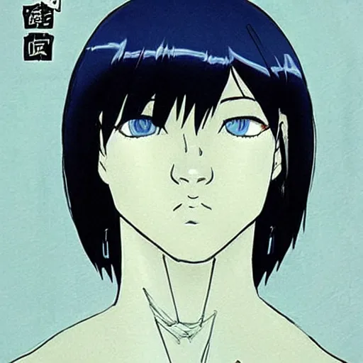 Prompt: « portrait, attractive, blue eyes, black hair, middle length hair, ghost in the shell, front view, kj, manga »