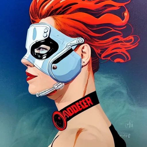 Image similar to a profile photo of a red head woman with a diving oxygen mask with side profile blood in ocean intricate details by MARVEL comics and Sandra Chevrier-C