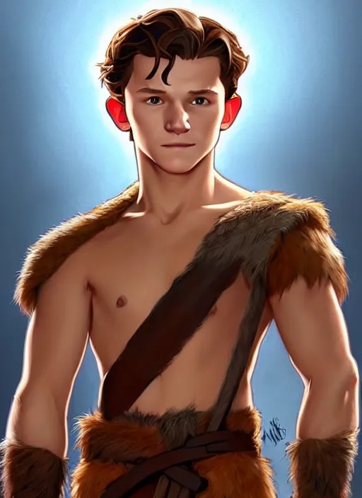 Image similar to cute tom holland wearing barbarian tunic, natural lighting, path traced, highly detailed, high quality, digital painting, by don bluth and ross tran and studio ghibli and alphonse mucha, artgerm