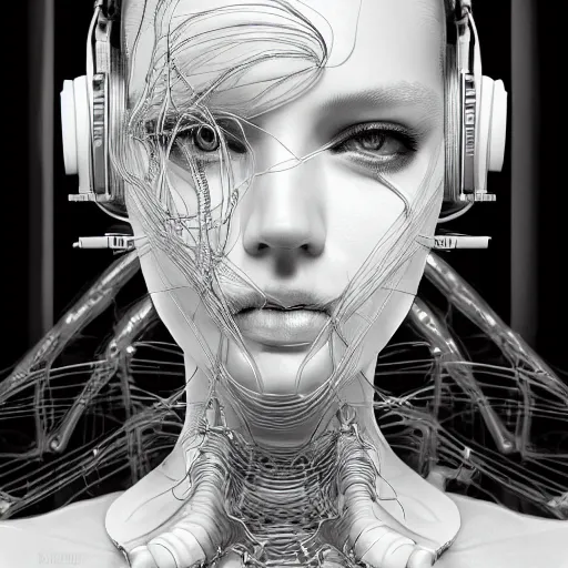 Prompt: the portrait of an absurdly beautiful, graceful, sophisticated, fashionable cyberpunk gravure idol, an ultrafine hyperdetailed illustration by kim jung gi, irakli nadar, matt wisniewski, intricate linework, neon wiring, porcelain skin, futuristic headset, unreal engine 5 highly rendered, global illumination, radiant light, detailed and intricate environment