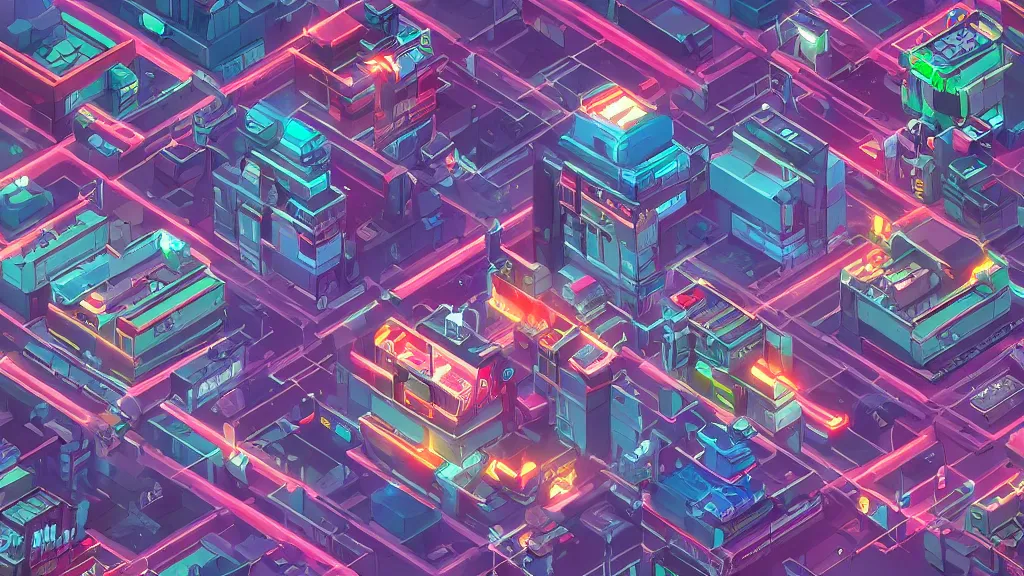 Image similar to isometric view of cyberpunk city Digital art, concept art, detailed, lovely colors, Art station , 2D , 4K,