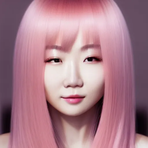 Prompt: beautiful hyperrealism selfie of nikki 苏 暖 暖 from shining nikki, a cute 3 d young woman smiling softly, long light pink hair and full bangs, flushed face, blushing, small heart - shaped face, soft features, amber eyes, chinese heritage, golden hour, 8 k, sharp focus, instagram