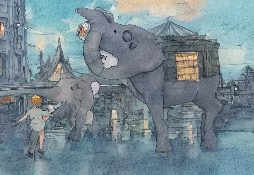 Image similar to a hyperrealist watercolor concept art from a studio ghibli film showing a giant grey chibi elephant. a temple is under construction in the background in india on a misty and starry night. by studio ghibli. very dull muted colors