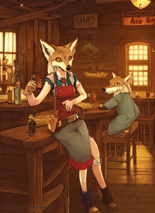 Image similar to anthro coyote fursona barmaid in a cozy tavern, hidari, color page, tankoban, 4K, tone mapping, Akihiko Yoshida.