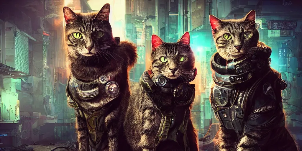 Image similar to cyberpunk cat and normal cat, brothers, fallout 5, studio lighting, deep colors, apocalyptic setting