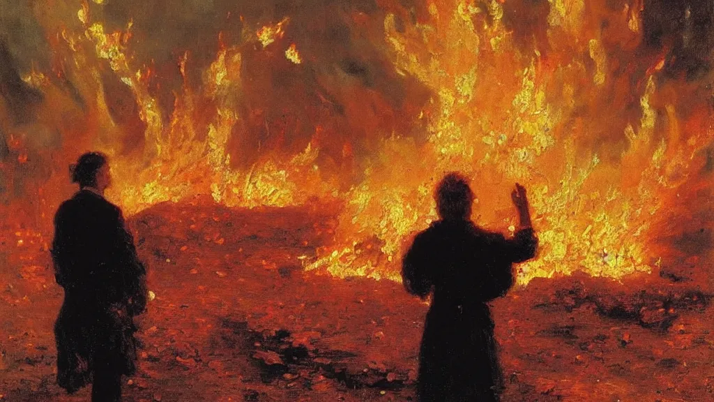 Prompt: high quality high detail painting by ilya repin, man standing in front of huge explosion, fire, flames, wind, hd