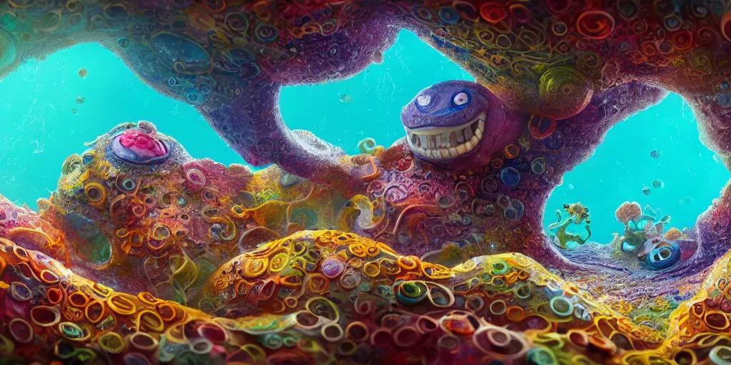 Image similar to of an intricate sea reef with strange cute friendly happy creatures with huge eyes, mouth, long tongue, round teeth and goofy face, appearing from the background, in the style of gehry and gaudi, macro lens, shallow depth of field, ultra detailed, digital painting, trending artstation, concept art, illustration, cinematic lighting, photorealism, epic, octane render