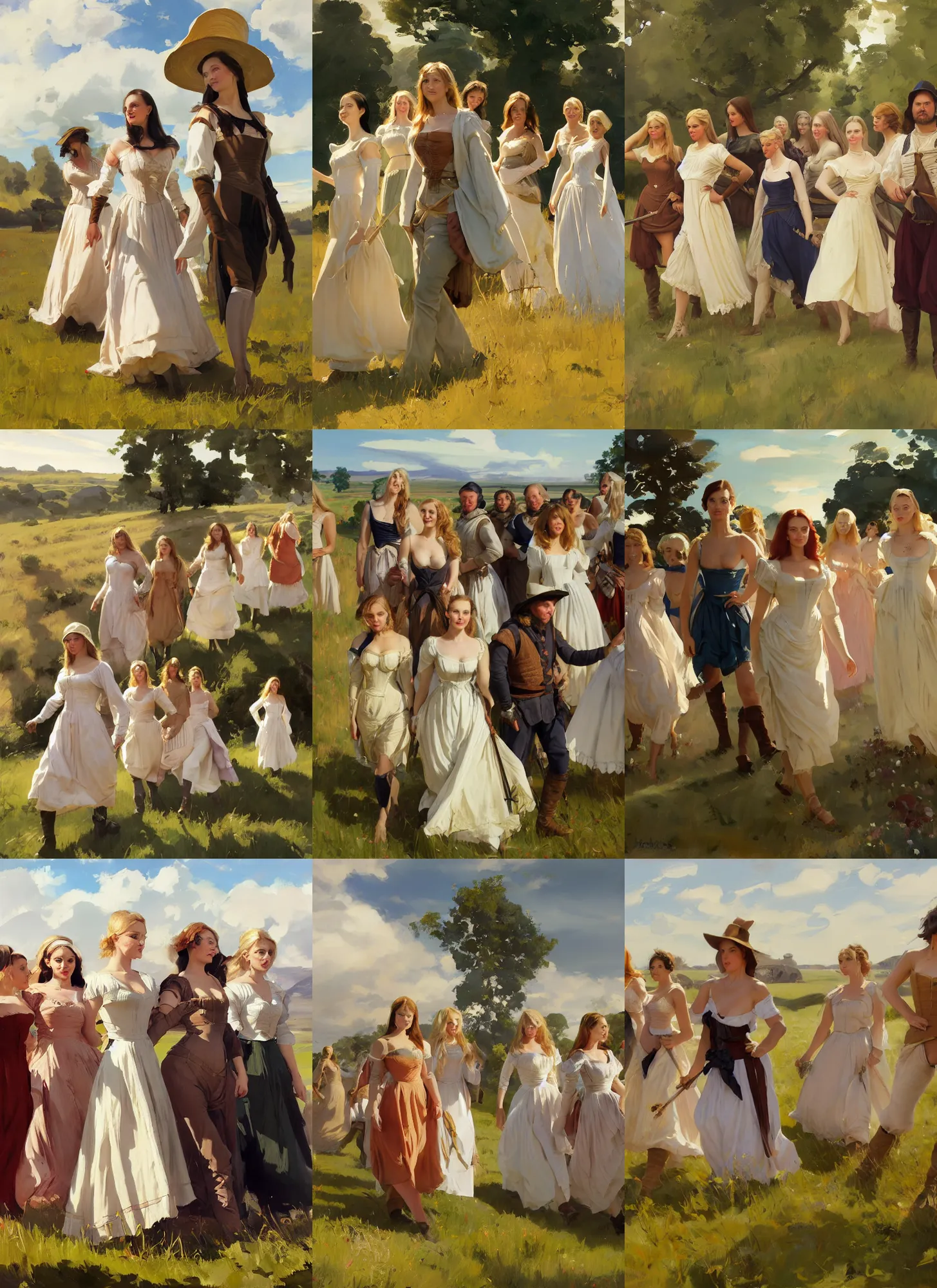 Prompt: group of finnish norwegian swedish scandinavian attractive glamour models wearing 1 7 th century bodice with low neckline walking in the field in a sunny day, jodhpurs greg manchess painting by sargent and leyendecker, studio ghibli fantasy medium shot asymmetrical intricate elegant matte painting illustration hearthstone, by greg rutkowski by greg tocchini by james gilleard