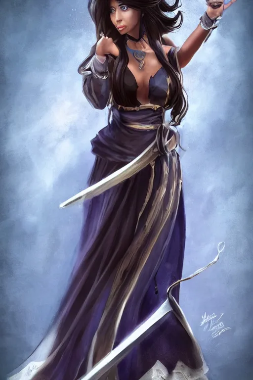 Image similar to Beautiful 40 years old Illusionist lady, dark brown skin, dark brown hair, straight hair, Dark blue and White robes, multiple floating swords, wife, high fantasy, love interest, artstation, trending in deviantart, artstationHD, artstationHQ