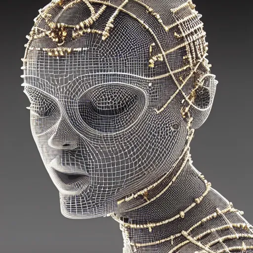 Prompt: highly detailed 3 d render of a female cyborg head and face made from wires and beads, transistors, silver, gold, with ornate head piece on top, by russian artist igor goryunov, 8 k resolution, photo realistic symmetrical