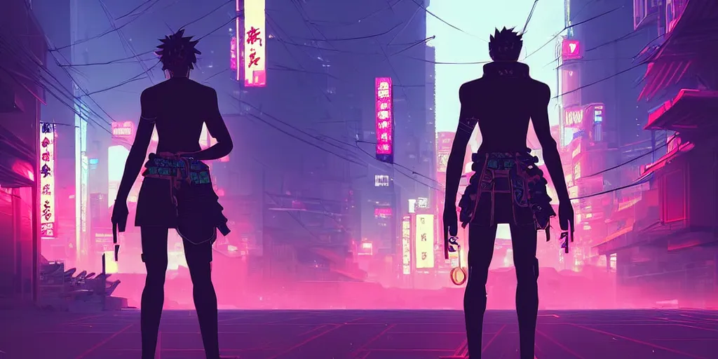 Image similar to digital illustration closeup of cyberpunk samurai in city street at night by makoto shinkai, ilya kuvshinov, lois van baarle, rossdraws, basquiat | afrofuturism, in the style of hearthstone, trending on artstation | cool color scheme