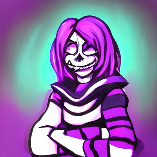 Image similar to susie from deltarune, purple skin, fantasy painting, smile, headshot, dramatic lighting, profile photo