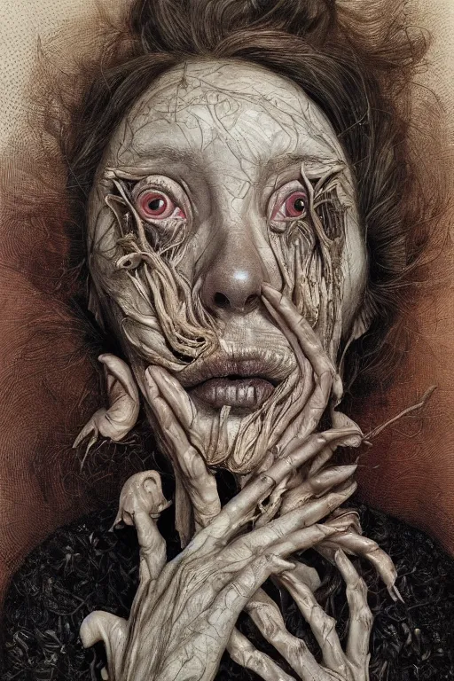 Prompt: Detailed maximalist portrait of a beautiful old woman with large lips and eyes, scared expression, botanical skeletal with extra flesh, HD mixed media, 3D collage, highly detailed and intricate, surreal illustration in the style of Jenny Saville , dark art, baroque, centred in image