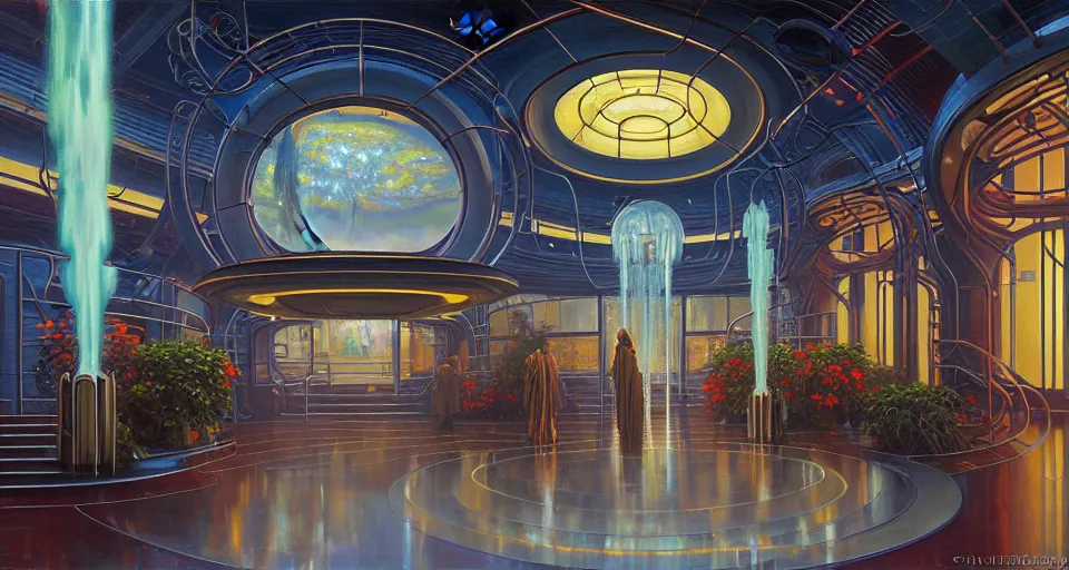 Prompt: a minimalist oil painting by donato giancola, warm coloured, cinematic scifi bioluminescent luxurious futuristic foggy steam filled art deco garden circular shopping mall interior with microscopy minimalist stained glass flowers growing out of pretty bulbous ceramic fountains, gigantic pillars and flowers, maschinen krieger, beeple, star trek, star wars, ilm, star citizen