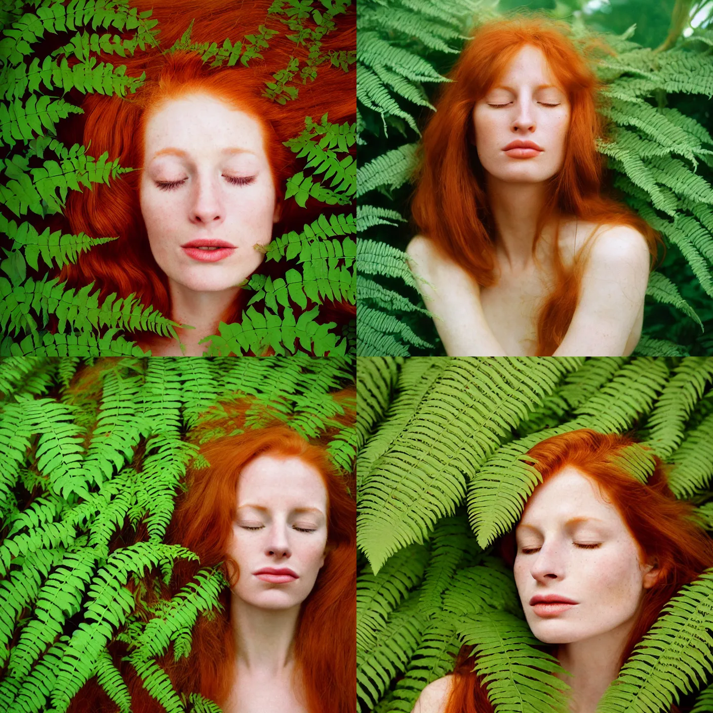 Prompt: An analog head and shoulder frontal face portrait photography of a redhead woman behind multiple big fern leaves by Annie Leibovitz. Long hair. eyes closed. Agfa Vista 800 film. Sunshine. detailed. hq. realistic. Rembrandt light style. warm light. muted colors. lens flare. photoreal. Bloom and glare. Leica M9, f/1.4, ISO 800, 1/160s, symmetrical balance, in-frame