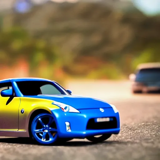 Prompt: a nissan 3 6 0 z in acceleracers hotwheels, glowing blue wheels, professional photography, wide - angle